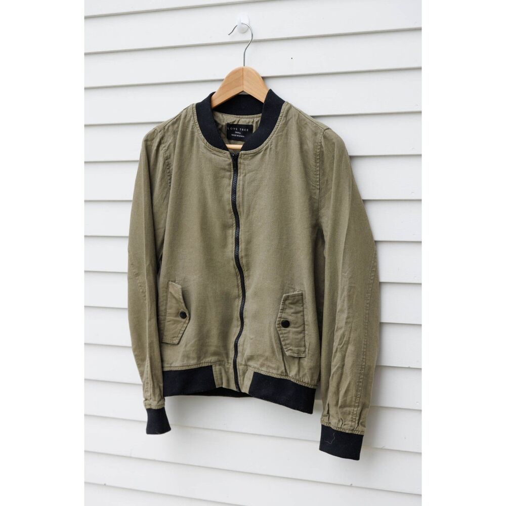 Love Tree Olive Green Bomber Jacket Lightweight Utility Coat Women's Small